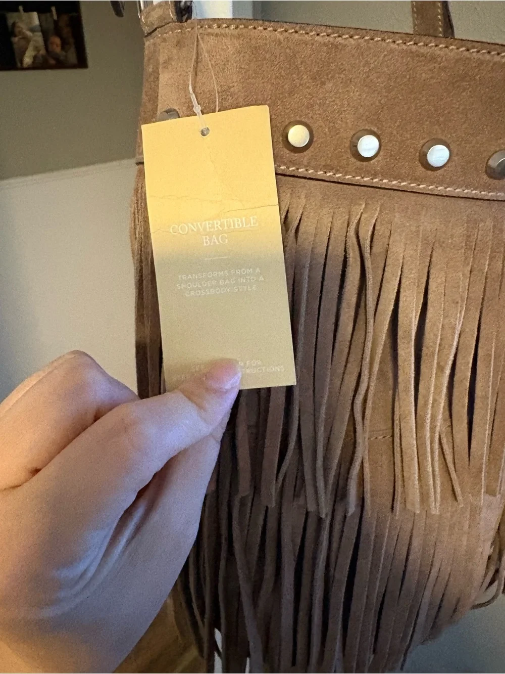Michael Kors Taupe Fringe Suede Crossbody with Stud Trim